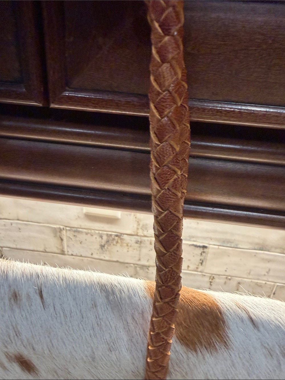 Cowhide Two-Tone Brown & White Braided-Handle Satchel - Picture 3 of 8